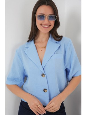 Queene Dreams 0706 Crop Keten Ceket - Mavi