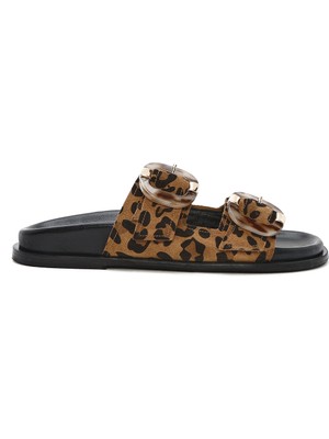 Derimod Kadın Leopar Çift Tokalı Süet Deri Terlik 26SFD200910