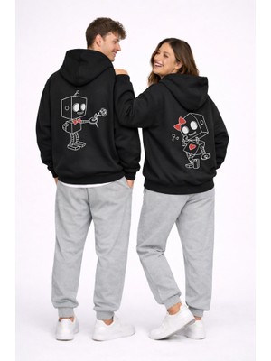 Nevermind Robot Baskılı Sevgili Kombini Oversize Hoodie Seti Kadın Erkek Unisex