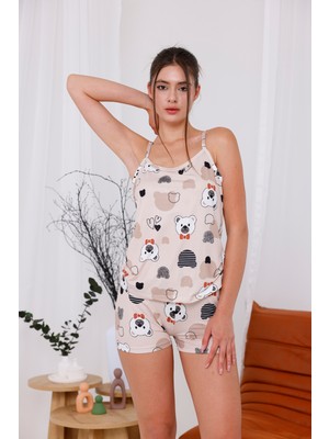 Arvin Pijama Kadın Baskılı Yumuşak Dokulu Kumaş Ip Askılı Şortlu Örme Pijama Takımı