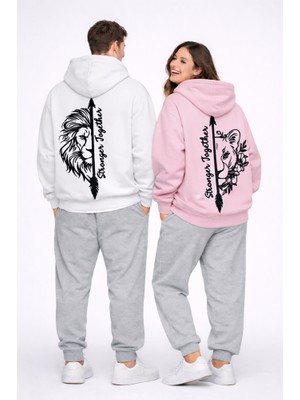 Nevermind Stronger Together Yazılı Aslan Kaplan Baskılı Beyaz Sevgili Kombini Oversize Hoodie