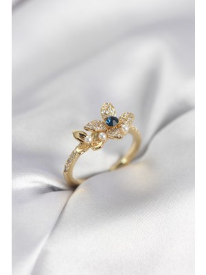 Twin Store Gold Renk Çiçek Model Zirkon Taşlı Kadın Yüzük