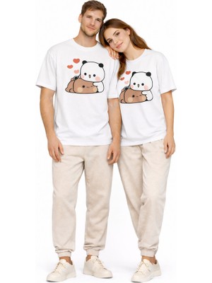 Nevermind Sevimli Panda Baskılı Sevgili Kombini Çift Tişört Oversize Unisex Çift Kombin 2'li Set