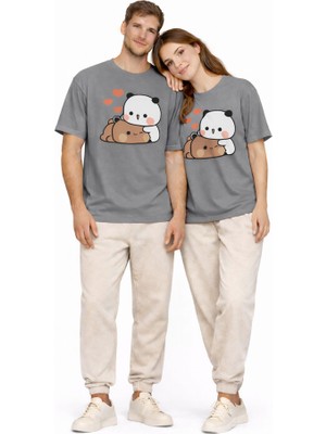 Nevermind Sevimli Panda Baskılı Sevgili Kombini Çift Tişört Oversize Unisex Çift Kombin 2'li Set