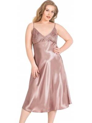 Letsii Büyük Uzun Saten Gecelik Vizon Renk