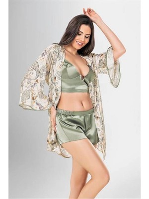 Letsii 3'lü Desenli Saten Şort Takımı Standart Renk