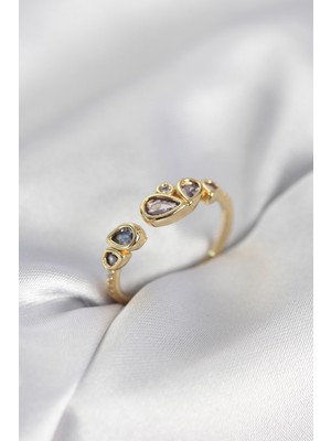 Nuveden Gold Renk Mor Damla Zirkon Taşlı Kadın Yüzük - TJ-BYK4018 DIE-RSTG34