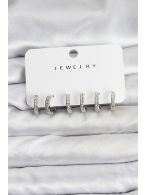 Getittir Gümüş Renk Pirinç Zirkon Taşlı Halka Kadın Küpe Seti - Lisinya