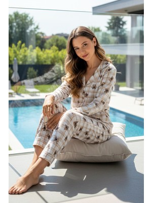 Remsa Kadın Ayıcık Desen Önü Düğmeli Suprem Pijama Takımı 0322 BEYAZ03