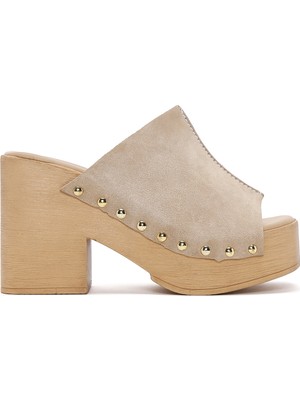 Derimod Kadın Bej Yüksek Kalın Topuklu Süet Deri Terlik 26SFD152110