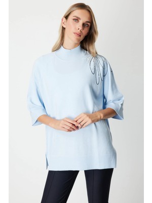 On Fashion Kadın Yarım Kol Tek Omuz Zincirli Mavi Kazak 65381