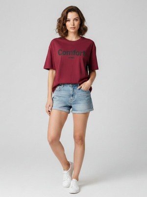 Trendseninle Kadın Bordo Comfort Baskılı Oversize Tişört