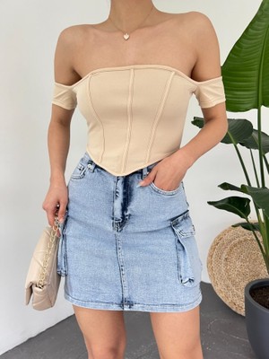 Queene Dreams Sırt Fermuarlı Omuz Detaylı Korse Crop  -Bej