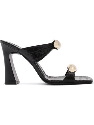 Derimod Kadın Siyah Kroko Yüksek Kalın Topuklu Deri Terlik 26SFD1605E3