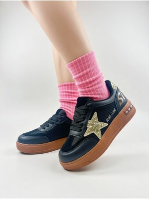 Nstil Kız Çocuk Simli Yıldız Detaylı Sneaker Bağcıklı Cırtlı Günlük Spor Ayakkabı 5006