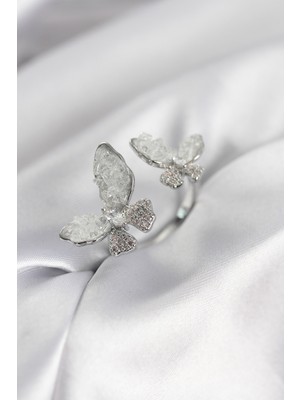 İlkyaz Fashion Gümüş Renk Beyaz Kelebek Model Zirkon Taşlı Kadın Yüzük ILKYAZB-RSBJTR34