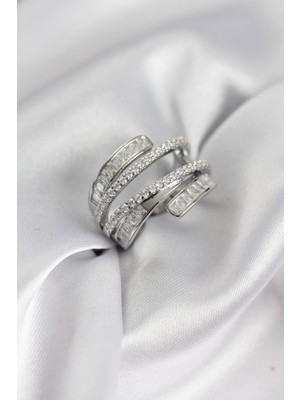 Nacario Sarmal Zirkon Baget Taşlı Gümüş Renk Kadın Yüzük