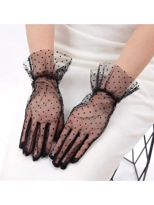 Sylar Kısa Boy Güpürlü Siyah Puantiyeli Tül Eldiven Siyah Renk