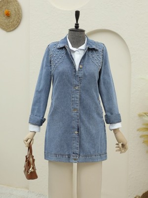 Queene Dreams Büyük Taş Detaylı Düğmeli Cepli Kot Ceket -Buz Mavi