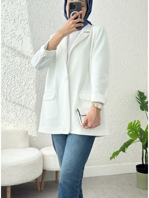 Queene Dreams Cepli Tek Düğmeli Likralı Ceket  -Beyaz