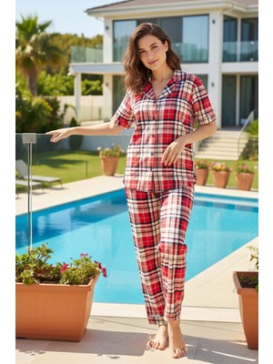Remsa Kadın Ekose Desen Kısa Kol Suprem Pijama Takımı 0187 Kırmızı