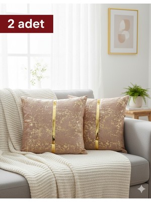 Lüks 2'li Kadife Kırlent Kılıfı Seti - 40X40 cm Altın Şeritli Dekoratif Yastık Kılıf Varaklı