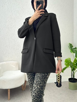 Queene Dreams Cepli Tek Düğmeli Likralı Ceket -Siyah