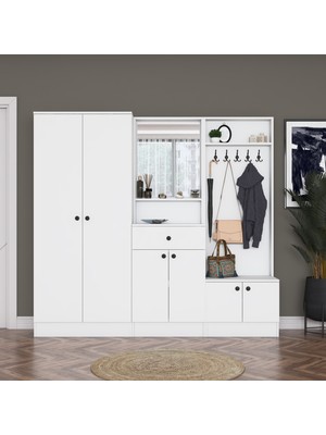 Rani EA152 Modern Çekmeceli Aynalı Raflı Askılı Portmanto Ayakkabılık Vestiyer Beyaz