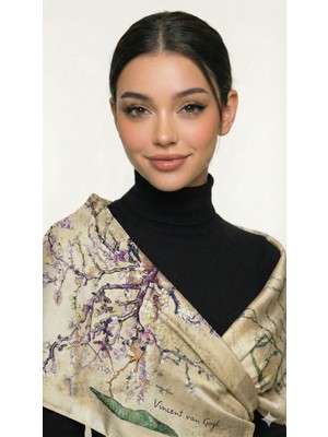 Ege Fular Şal Van Gogh Şal Badem Çiçekleri Desenli - 190X65 cm - %100 Saf Ipek Tasarım Şal