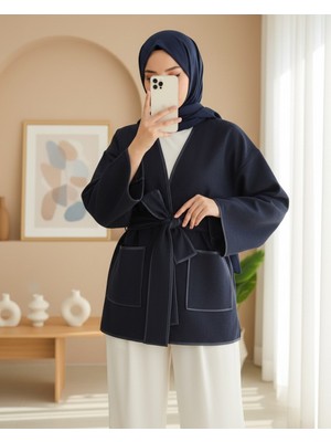 Modamorfo Biye Detaylı Çift Cepli Kuşaklı Kaşe Kimono -Laci