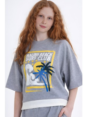 Haykids Kız Çocuk Gri Renkli Baskılı Yarım Kol Eşofman Takımı - Belden Bağlamalı Wide Leg Pantolon Alt Üst Takım