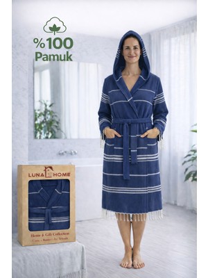 Luna %100 Pamuk Peştemal Bornoz Kapüşonlu Unisex- Lacivert