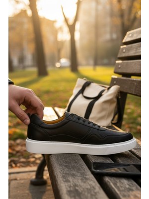 Enoch Erkek Siyah Düz Taban Bağcıklı Büyük Numara Spor Ayakkabı (45-50)