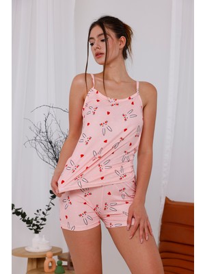 Arvin Pijama Kadın Baskılı Yumuşak Dokulu Kumaş Ip Askılı Şortlu Örme Pijama Takımı
