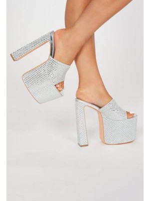 AGM Nude Parıltılı Yıldız Platform Terlik , Gümüş Taş Işlemeli Abiye Terlik , Abiye Terlik