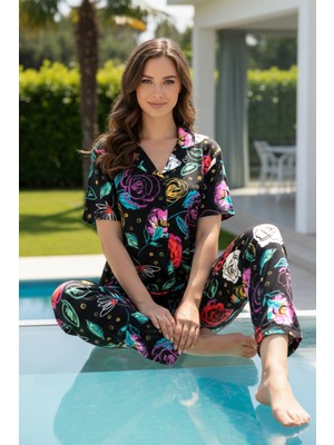 Remsa Kadın Kısa Kol Likralı Viskon Pijama Takımı 0177 SIYAH04