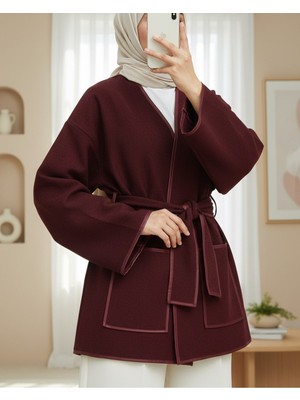 Modamorfo Biye Detaylı Çift Cepli Kuşaklı Kaşe Kimono -Bordo