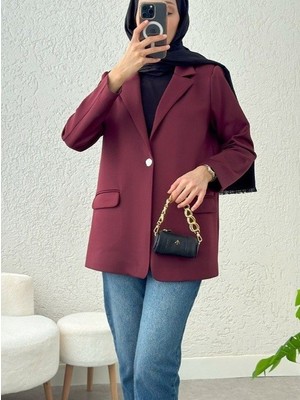 Queene Dreams Cepli Tek Düğmeli Likralı Ceket -Bordo