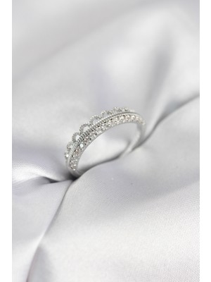 Marsilyan Motif Desenli Gümüş Renk Zirkon Taşlı Kadın Yüzük