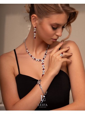 Leifa Jewelry Fiorenza Imza Granat & Mozanit Taşlı Altın Kaplama 925 Ayar Gümüş 4’lü Set (Bilezik, Yüzük, Küpe, Gerdanlık)