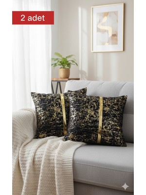 Lüks 2'li Kadife Kırlent Kılıfı Seti - 40X40 cm Altın Şeritli Dekoratif Yastık Kılıf Varaklı