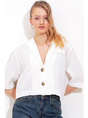 Queene Dreams Beyaz Çift Düğmeli Oversize Crop Keten Ceket 0706