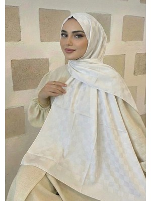 Moodşal Beyaz Kare Desenli Jakar Şal
