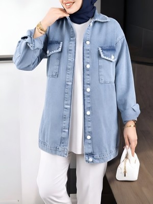 Queene Dreams Kapaklı Cepli Puntolu Kot Ceket -Buz Mavi