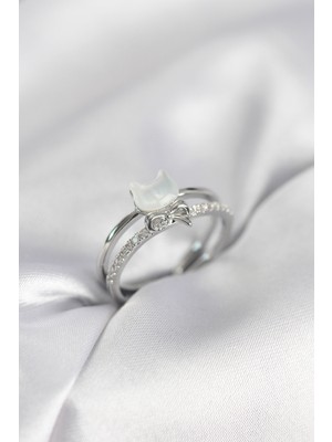 Marsilyan Gümüş Renk Sedefli Kedi Model Fiyonklu Zirkon Taşlı Kadın Yüzük