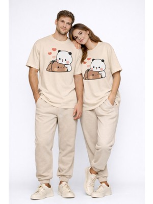 Nevermind Sevimli Panda Baskılı Sevgili Kombini Çift Tişört Oversize Unisex Çift Kombin 2'li Set