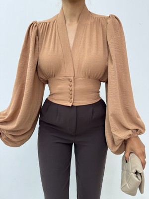 Queene Dreams Düğmeli Arkası Lastikli Balon Kol Sandy Crop     -Vizon