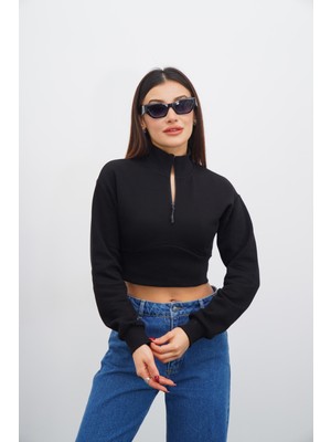 Kadın Siyah Fermuarlı Crop Sweatshirt