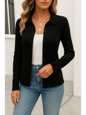 Queene Dreams Kadın Uzun Kollu Yakalı Önden Düğmeli Triko Ceket