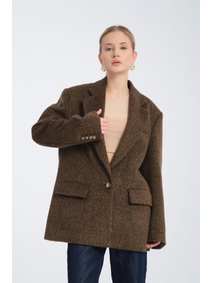 Özlem Yıldız Kahverengi Oversize Yün Karışımlı Kaşe Ceket - Maskülen Kesim Kadın Blazer 40